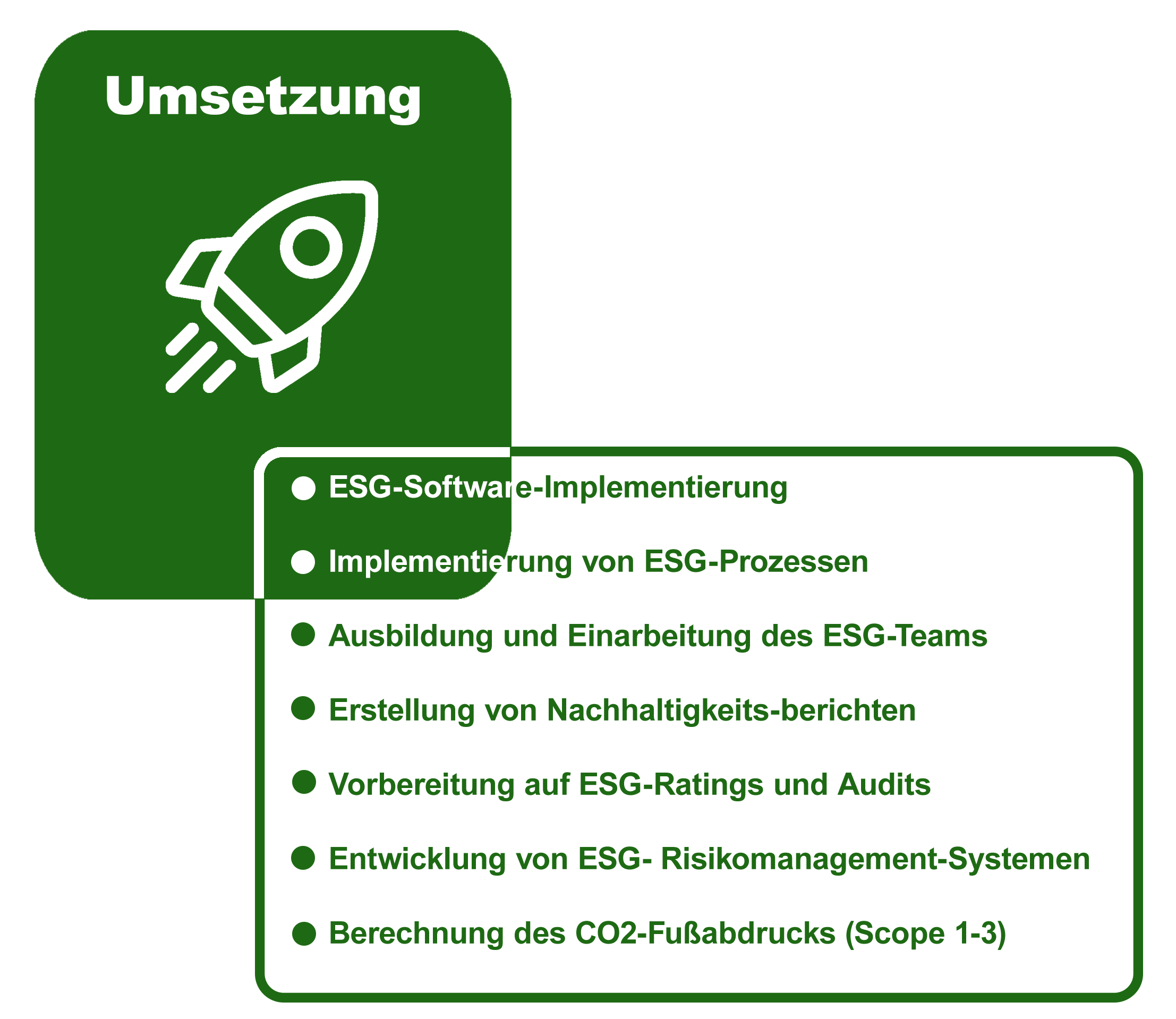 Durch unsere professionelle ESG-Beratung unterstützen wir Sie bei der Umsetzung Ihrer ESG-Vorhaben.